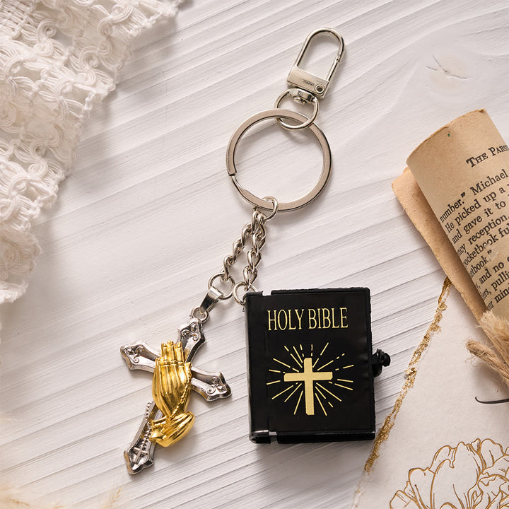 Solacebeads Mini Holy Bible &amp; Praying Hands Cross Keychain: Guard Your Daily Journey - Silver Cross - image 2