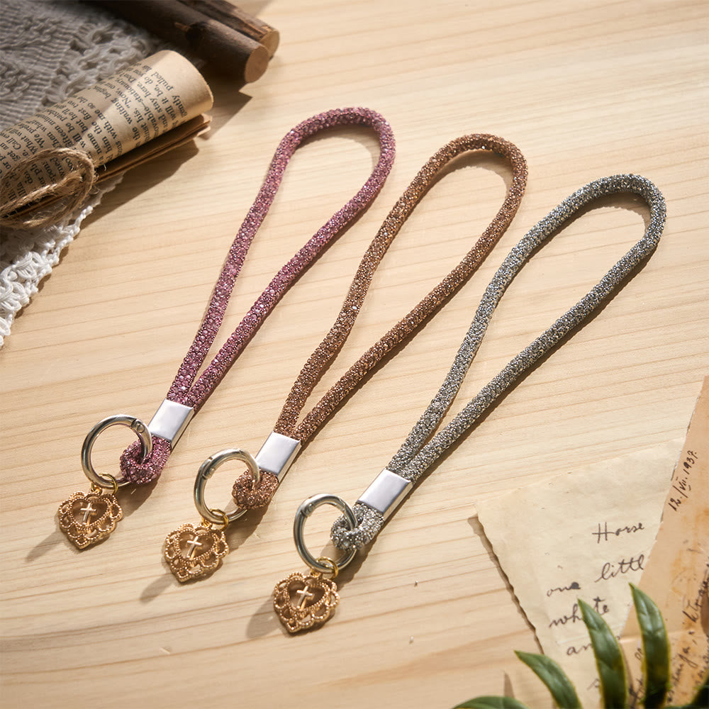 SolaceBeads Rhinestone Heart Cross Phone Charm Wrist Lanyard: Adorned With Faith Sparkle - image 0
