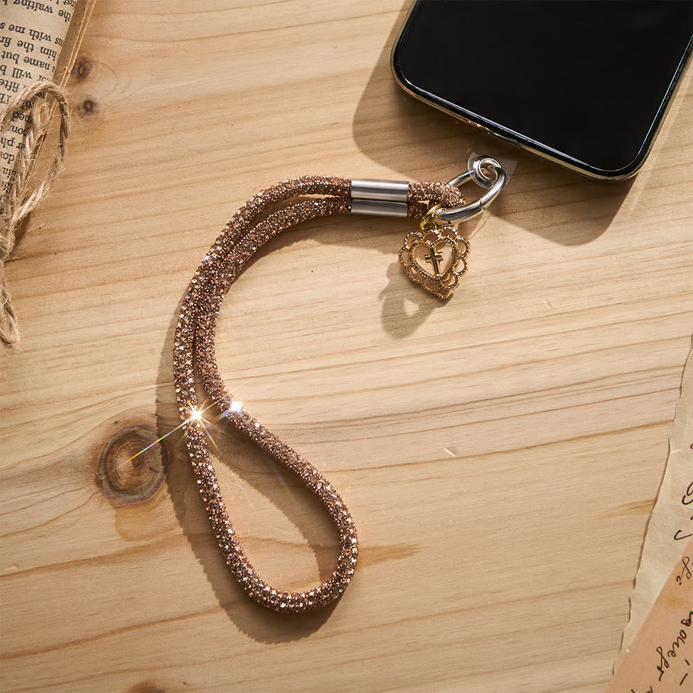 SolaceBeads Rhinestone Heart Cross Phone Charm Wrist Lanyard: Adorned With Faith Sparkle - Gold - image 2