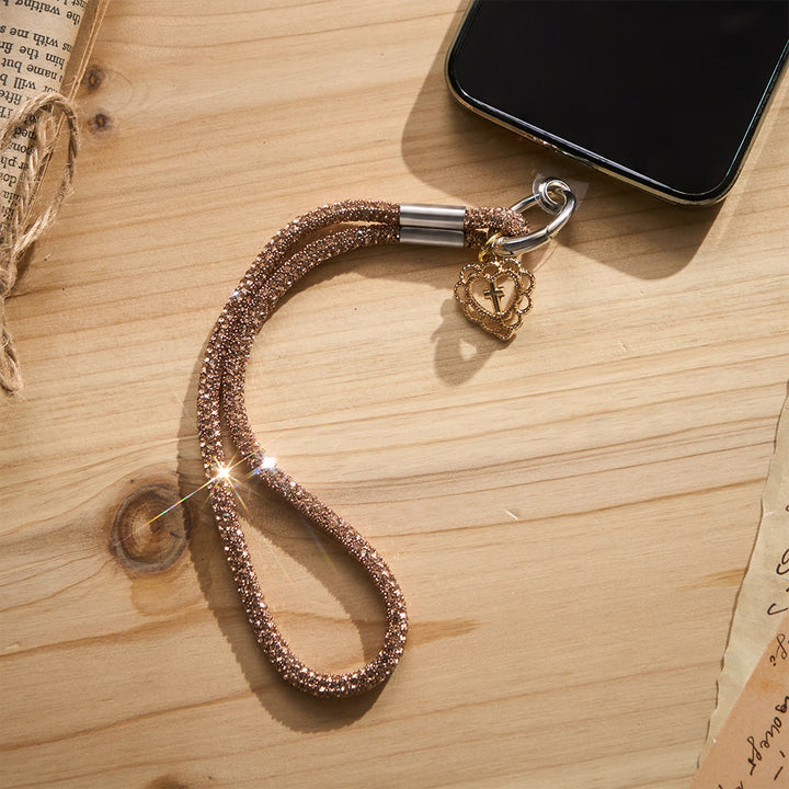 SolaceBeads Rhinestone Heart Cross Phone Charm Wrist Lanyard: Adorned With Faith Sparkle - Gold - image 2