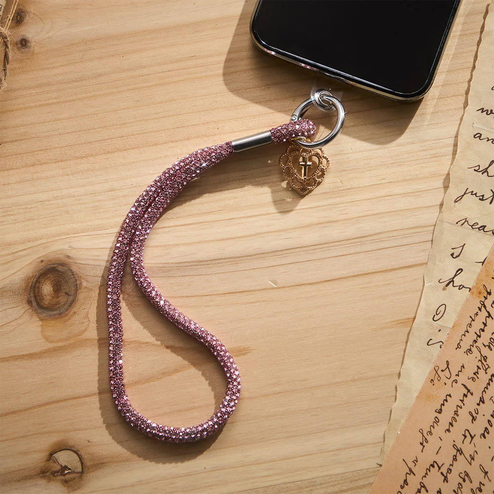 SolaceBeads Rhinestone Heart Cross Phone Charm Wrist Lanyard: Adorned With Faith Sparkle - Pink - image 1