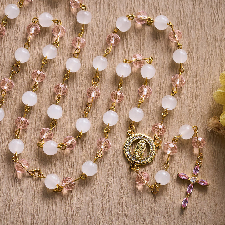 SolaceBeads Pink Crystal &amp; Jade Rosary, Guadalupe Medal, Rhinestone Cross: Soft Light In Prayer - image 3