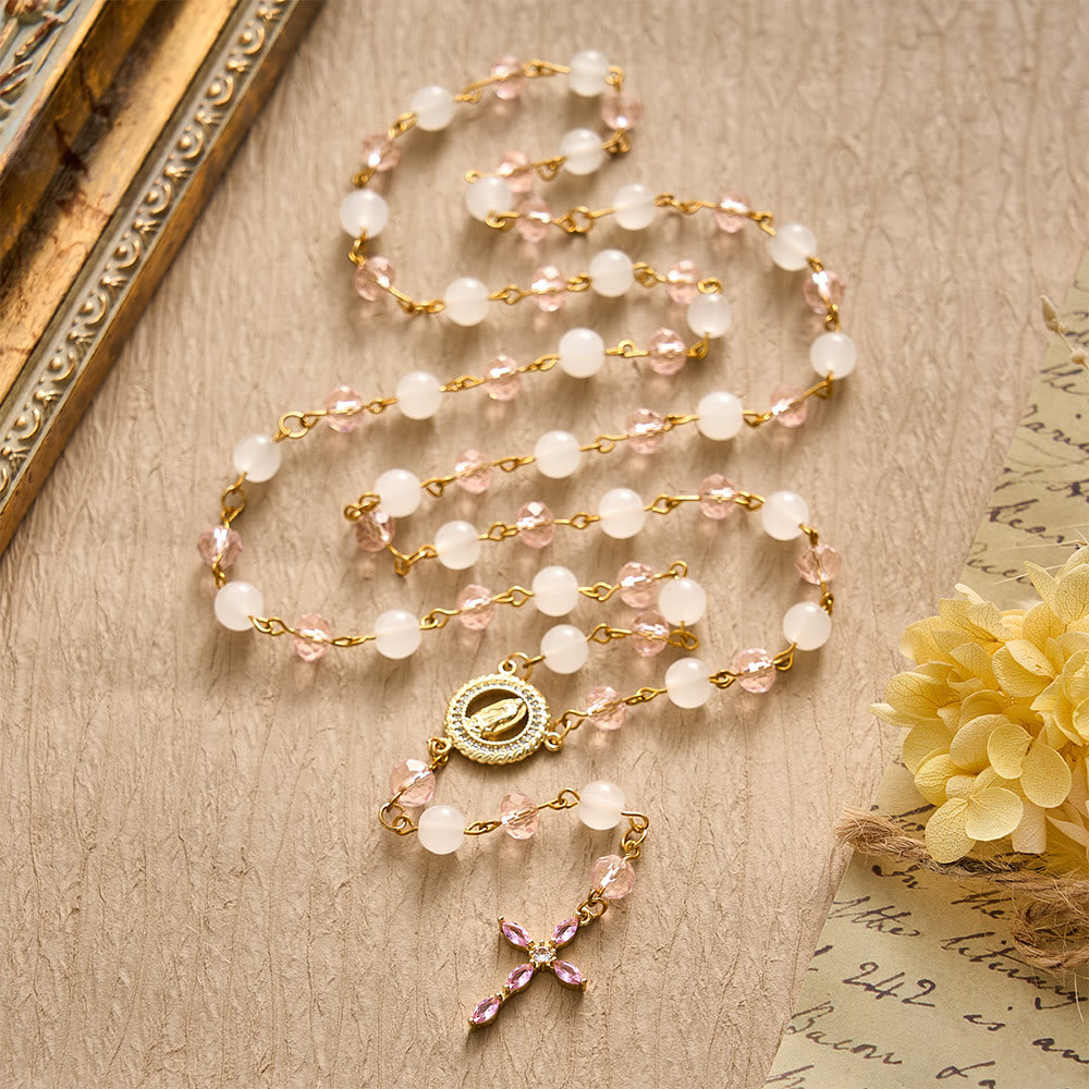 SolaceBeads Pink Crystal &amp; Jade Rosary, Guadalupe Medal, Rhinestone Cross: Soft Light In Prayer - image 7
