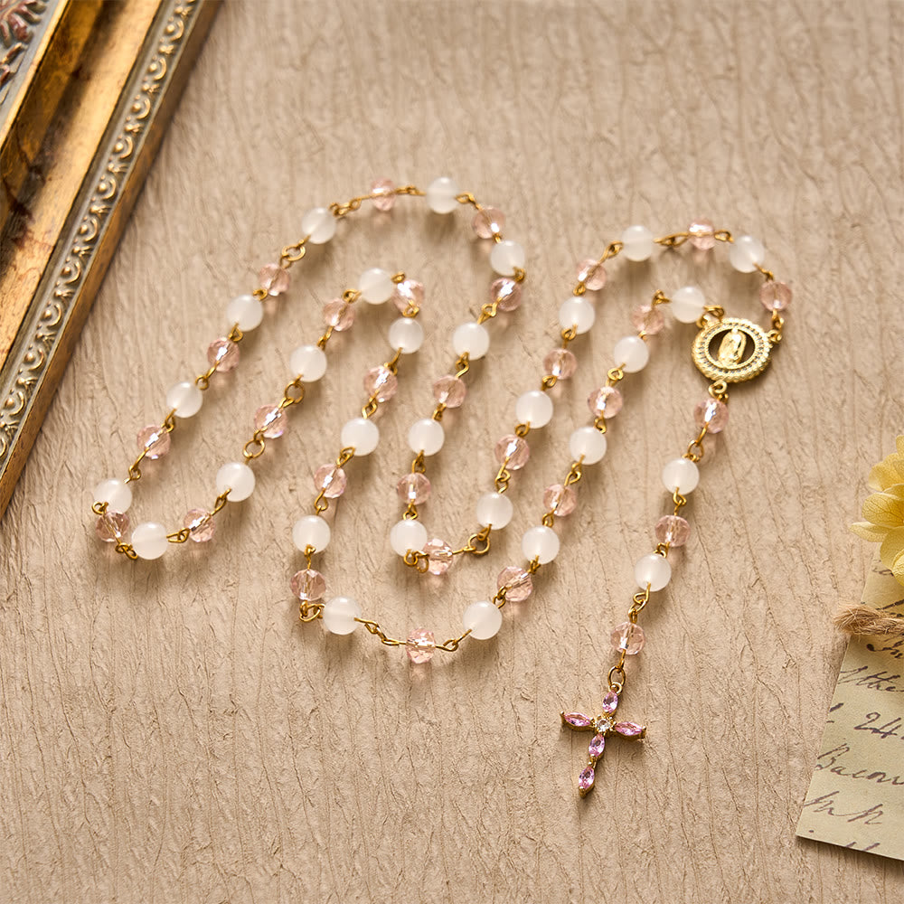 SolaceBeads Pink Crystal &amp; Jade Rosary, Guadalupe Medal, Rhinestone Cross: Soft Light In Prayer - image 8