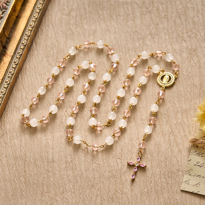 SolaceBeads Pink Crystal &amp; Jade Rosary, Guadalupe Medal, Rhinestone Cross: Soft Light In Prayer - image 8