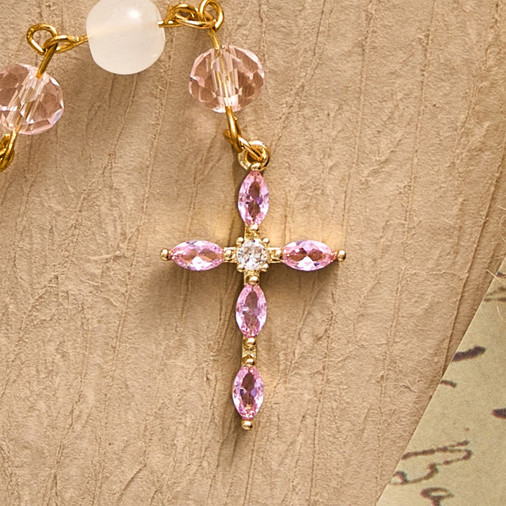 SolaceBeads Pink Crystal &amp; Jade Rosary, Guadalupe Medal, Rhinestone Cross: Soft Light In Prayer - image 12