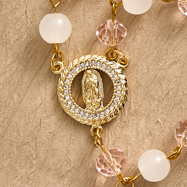 SolaceBeads Pink Crystal &amp; Jade Rosary, Guadalupe Medal, Rhinestone Cross: Soft Light In Prayer - image 11