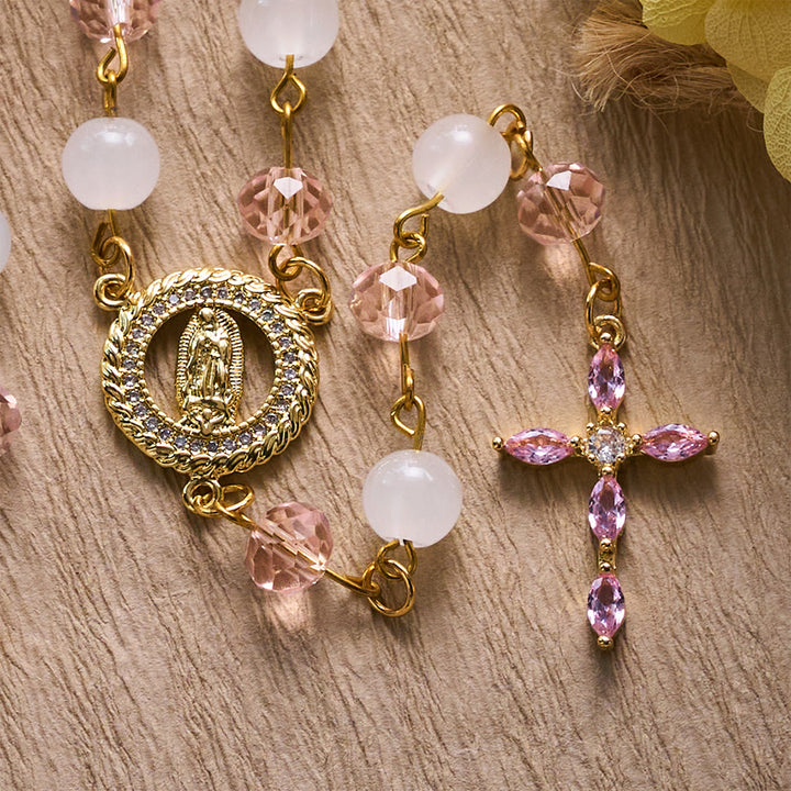 SolaceBeads Pink Crystal &amp; Jade Rosary, Guadalupe Medal, Rhinestone Cross: Soft Light In Prayer - image 5