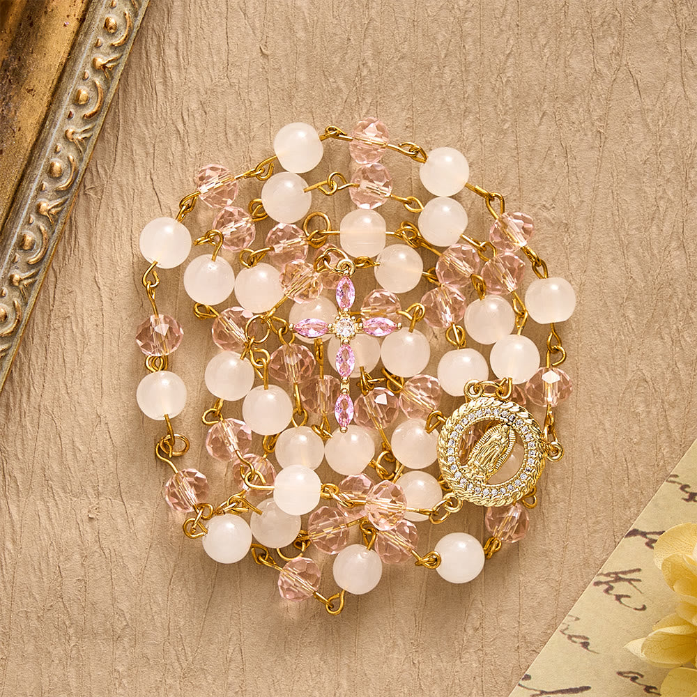 SolaceBeads Pink Crystal &amp; Jade Rosary, Guadalupe Medal, Rhinestone Cross: Soft Light In Prayer - image 13