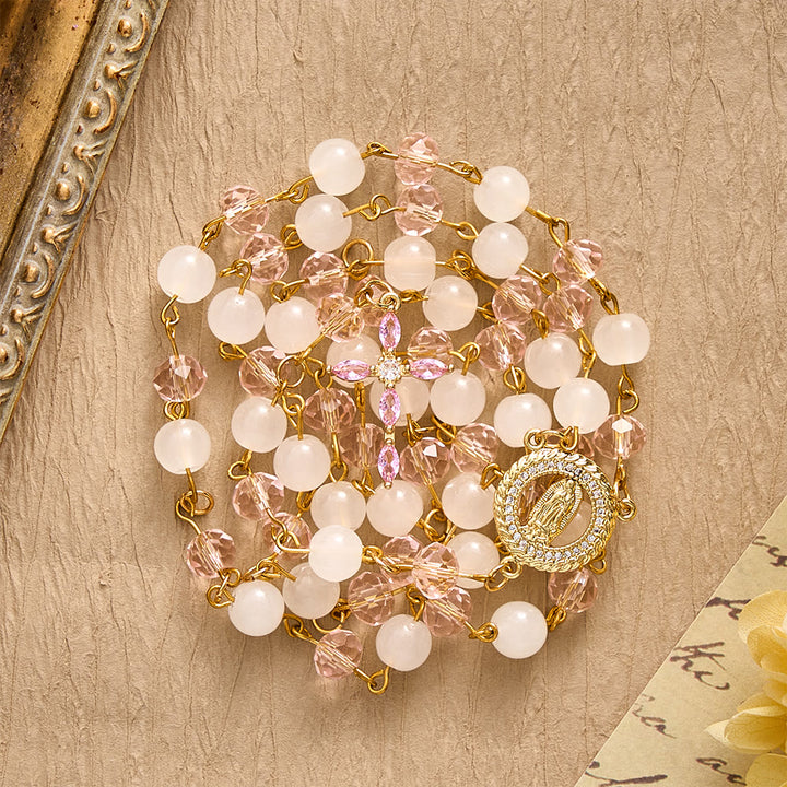 SolaceBeads Pink Crystal &amp; Jade Rosary, Guadalupe Medal, Rhinestone Cross: Soft Light In Prayer - image 13