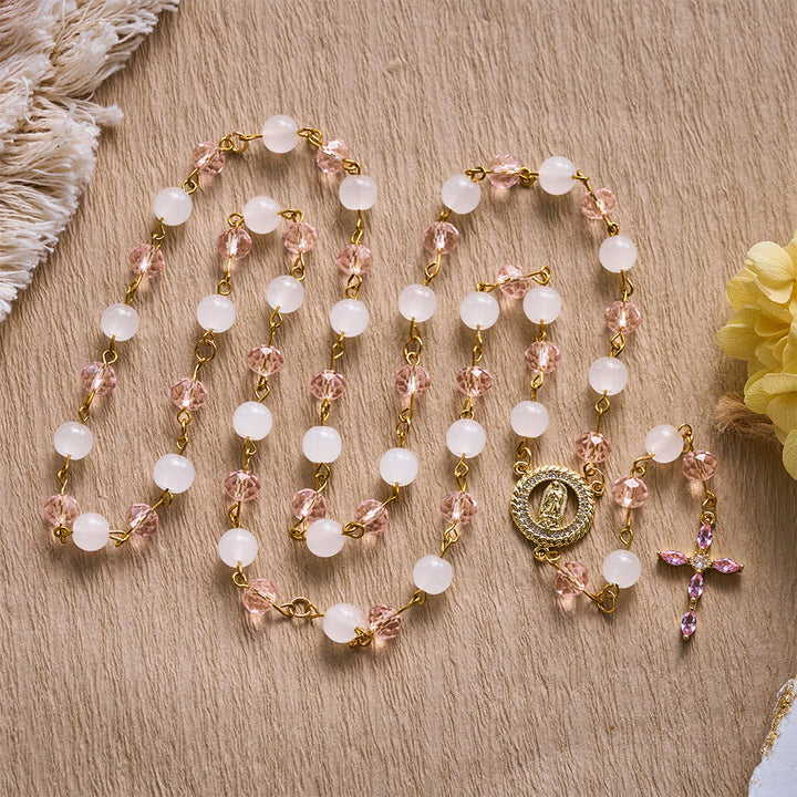 SolaceBeads Pink Crystal &amp; Jade Rosary, Guadalupe Medal, Rhinestone Cross: Soft Light In Prayer - image 2