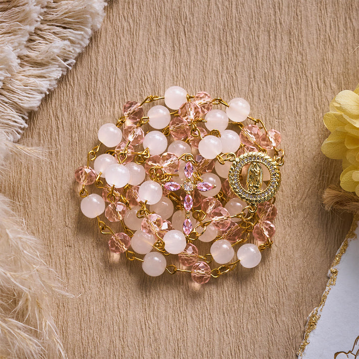 SolaceBeads Pink Crystal &amp; Jade Rosary, Guadalupe Medal, Rhinestone Cross: Soft Light In Prayer - image 6