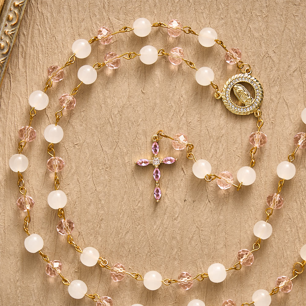 SolaceBeads Pink Crystal &amp; Jade Rosary, Guadalupe Medal, Rhinestone Cross: Soft Light In Prayer - image 9