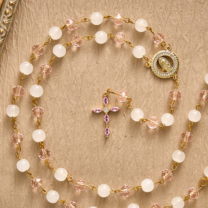SolaceBeads Pink Crystal &amp; Jade Rosary, Guadalupe Medal, Rhinestone Cross: Soft Light In Prayer - image 9