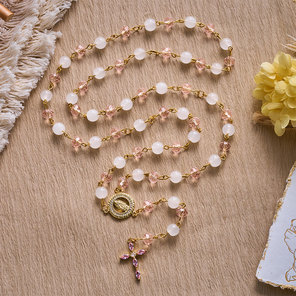 SolaceBeads Pink Crystal & Jade Rosary, Guadalupe Medal, Rhinestone Cross: Soft Light In Prayer - White & Pink - image 0
