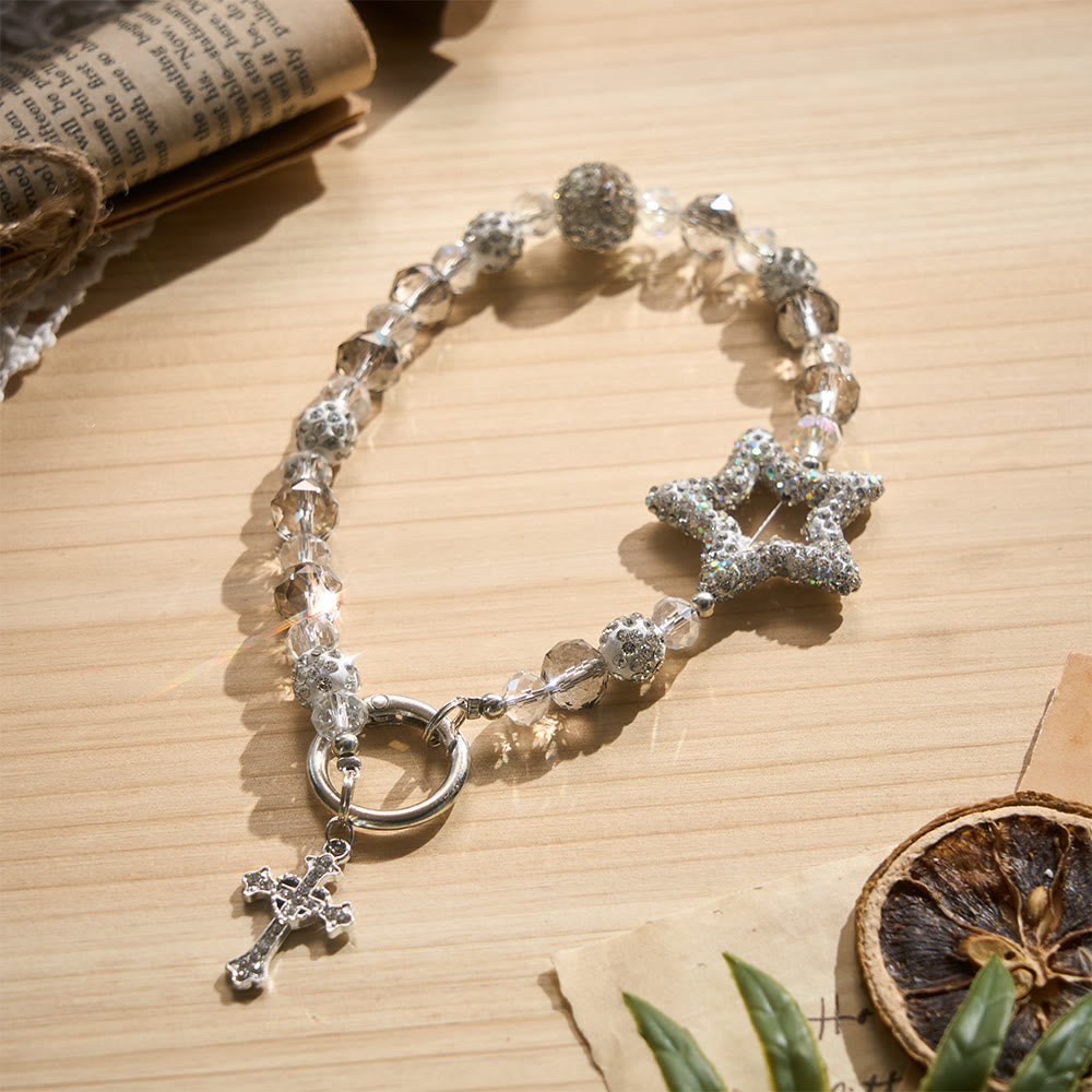 SolaceBeads Silver Clear Crystal Beaded Phone Charm: Blessed by the starlight grace of faith - Crystal &amp; Star - image 0