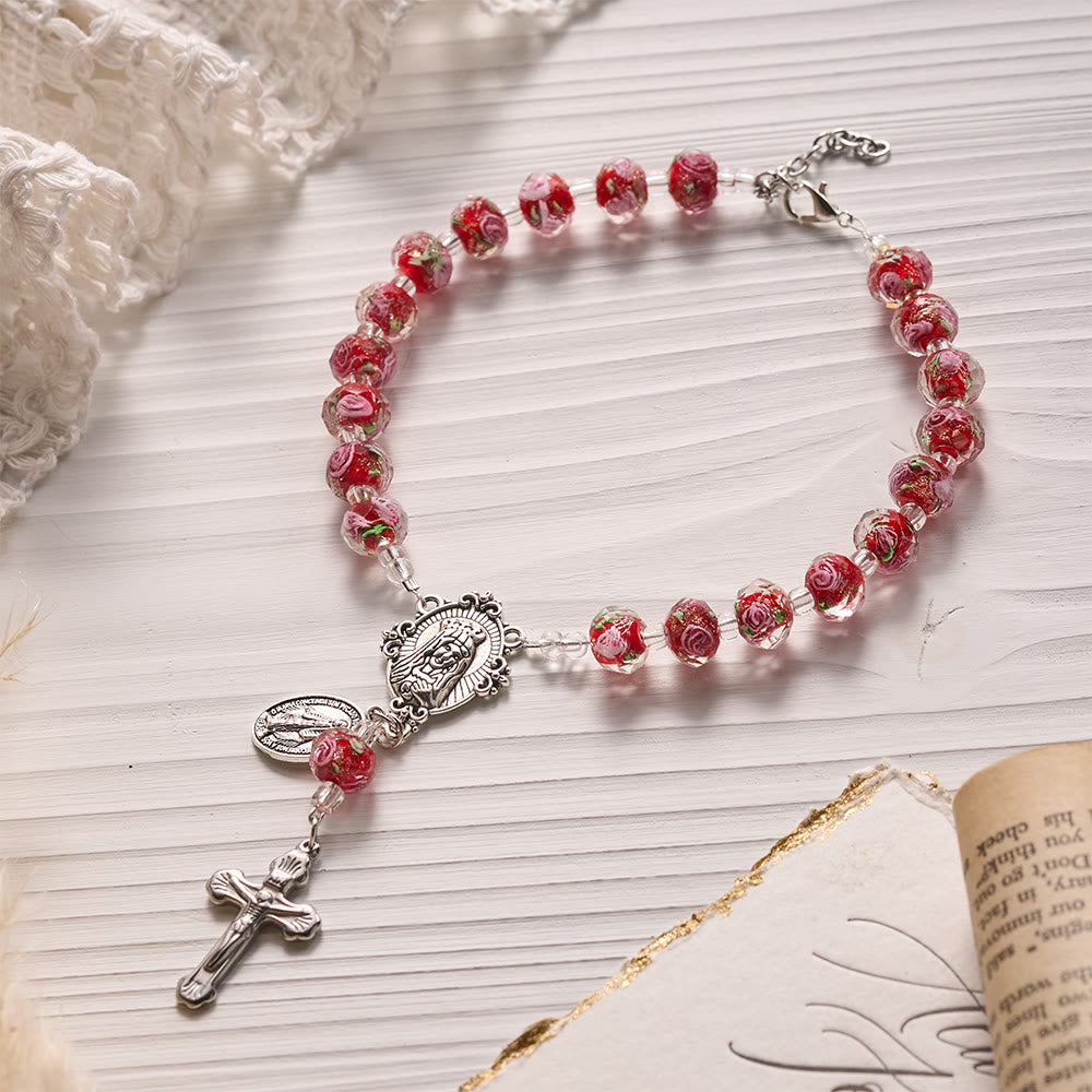 SolaceBeads Floral Glass Portable Amulet, Dual Religious Charms: Steadfast Devotion Blessing - Red &amp; Floral - image 0