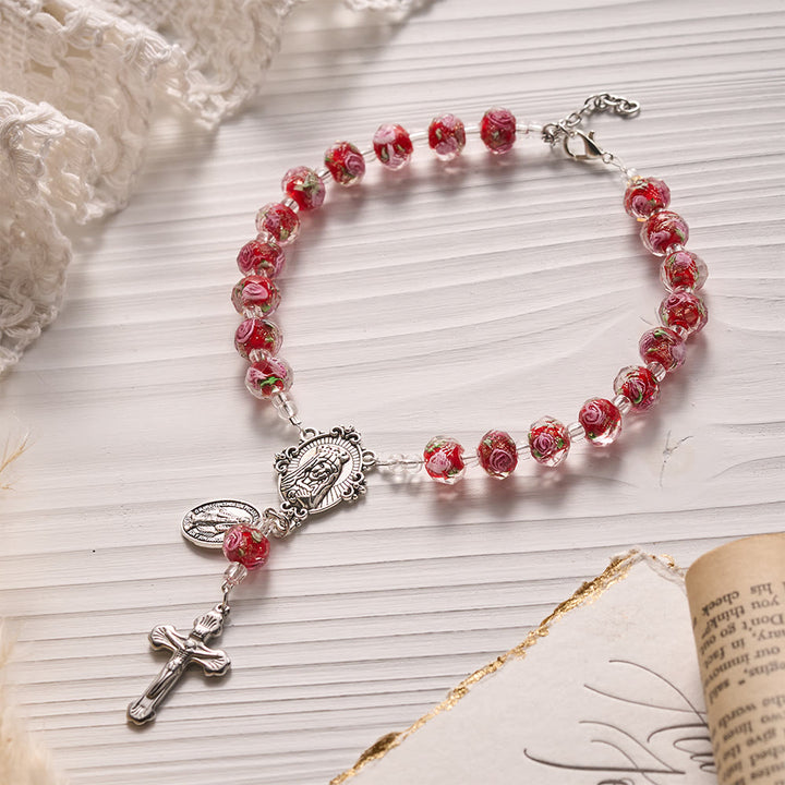 SolaceBeads Floral Glass Portable Amulet, Dual Religious Charms: Steadfast Devotion Blessing - Red &amp; Floral - image 0