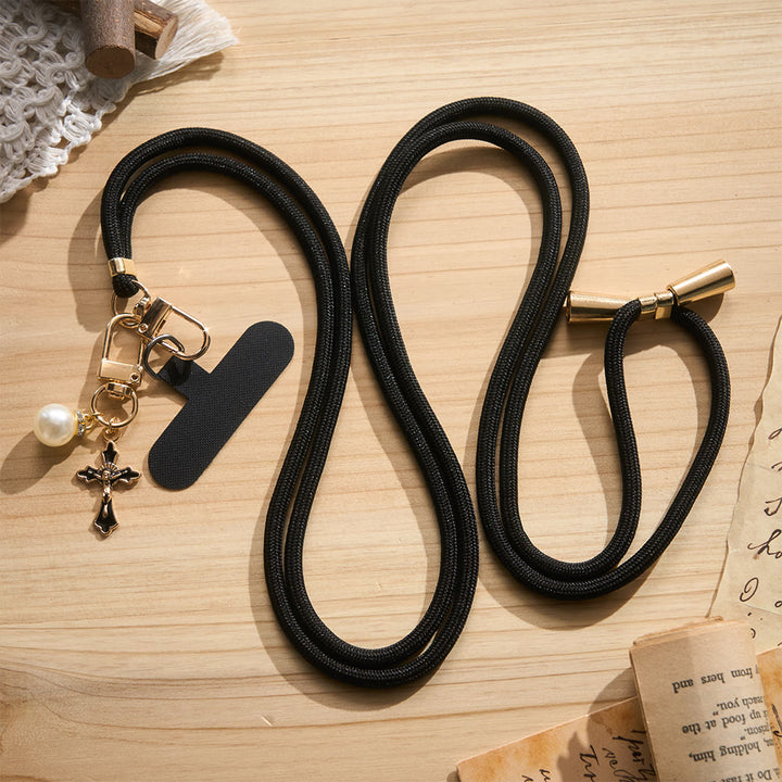 Solacebeads Adjustable Braided Crossbody Phone Charm &amp; Dainty Enamel Cross: Woven With Sacred Warmth - Black - image 1