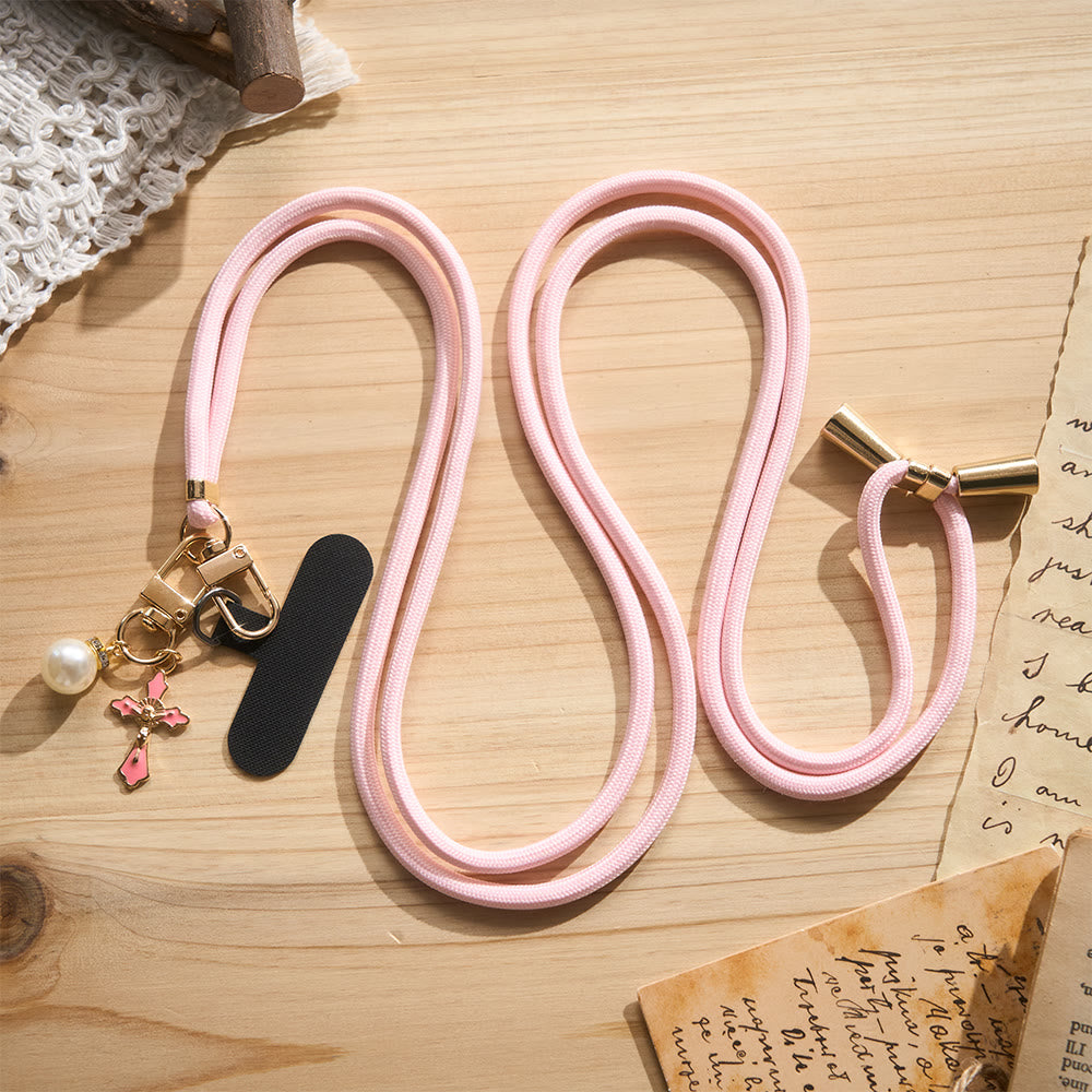 Solacebeads Adjustable Braided Crossbody Phone Charm &amp; Dainty Enamel Cross: Woven With Sacred Warmth - Pink - image 2