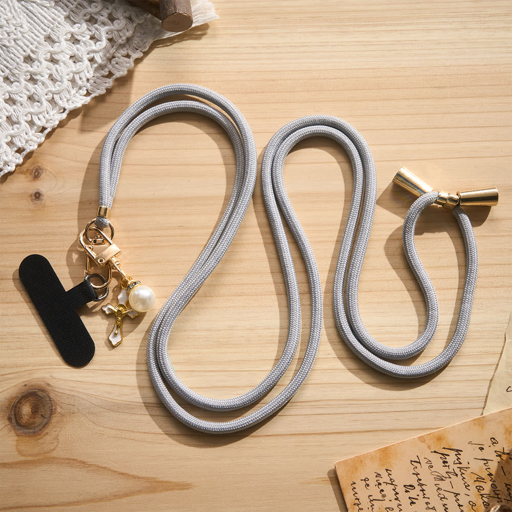 Solacebeads Adjustable Braided Crossbody Phone Charm &amp; Dainty Enamel Cross: Woven With Sacred Warmth - Grey - image 4