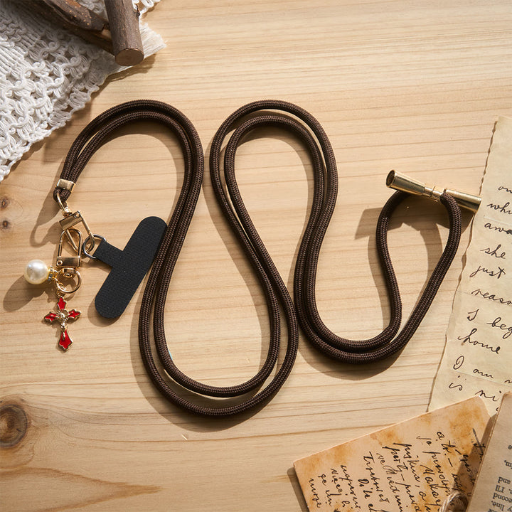 Solacebeads Adjustable Braided Crossbody Phone Charm &amp; Dainty Enamel Cross: Woven With Sacred Warmth - Brown - image 3