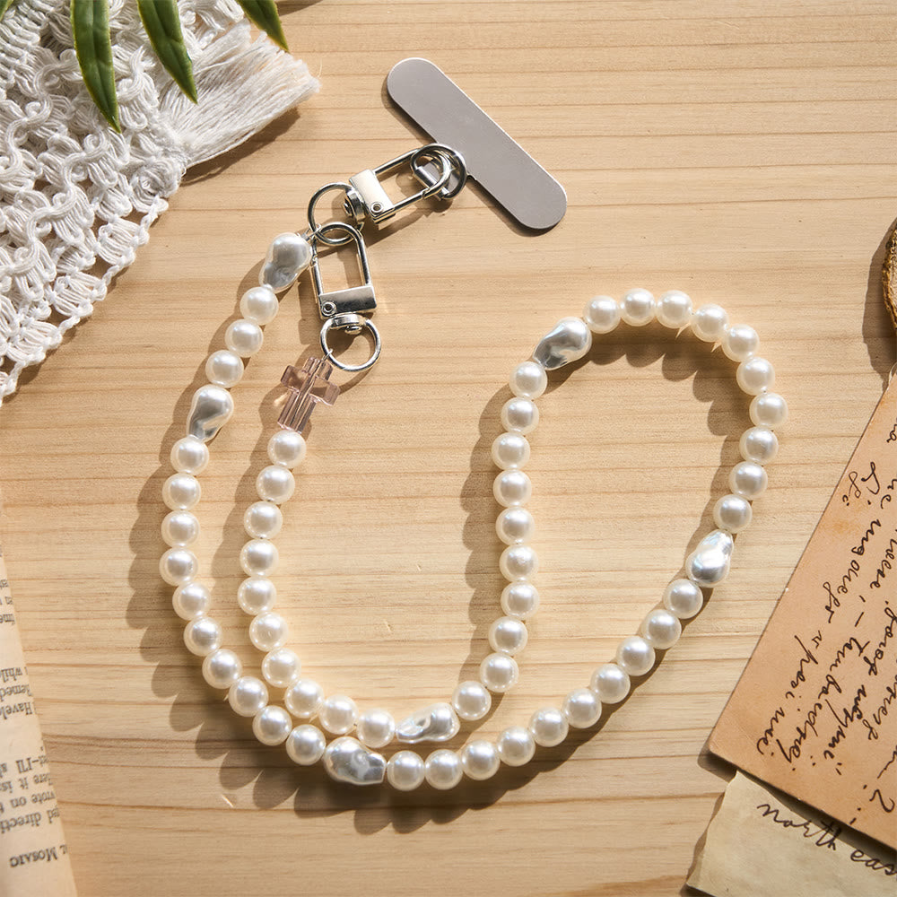 SolaceBeads Baroque Imitation Pearl Strand Clear Cross Phone Lanyard: Blessed With Gentle Purity - White - image 0