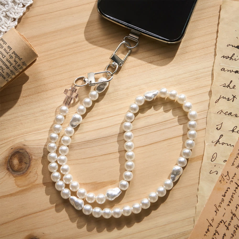 SolaceBeads Baroque Imitation Pearl Strand Clear Cross Phone Lanyard: Blessed With Gentle Purity - image 1