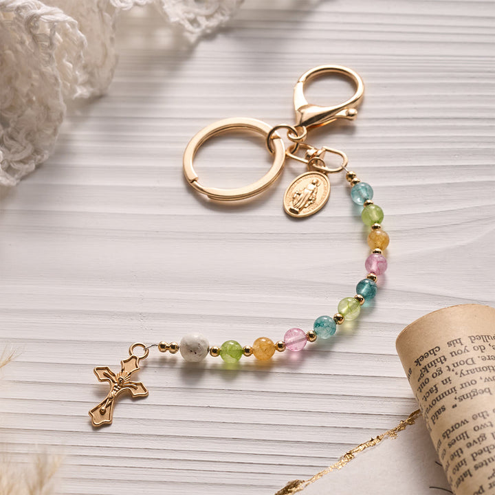 SolaceBeads Multicolor Stone KeyChain, Miraculous Medal &amp; Crucifix Charm: Abundant Divine Grace - image 2