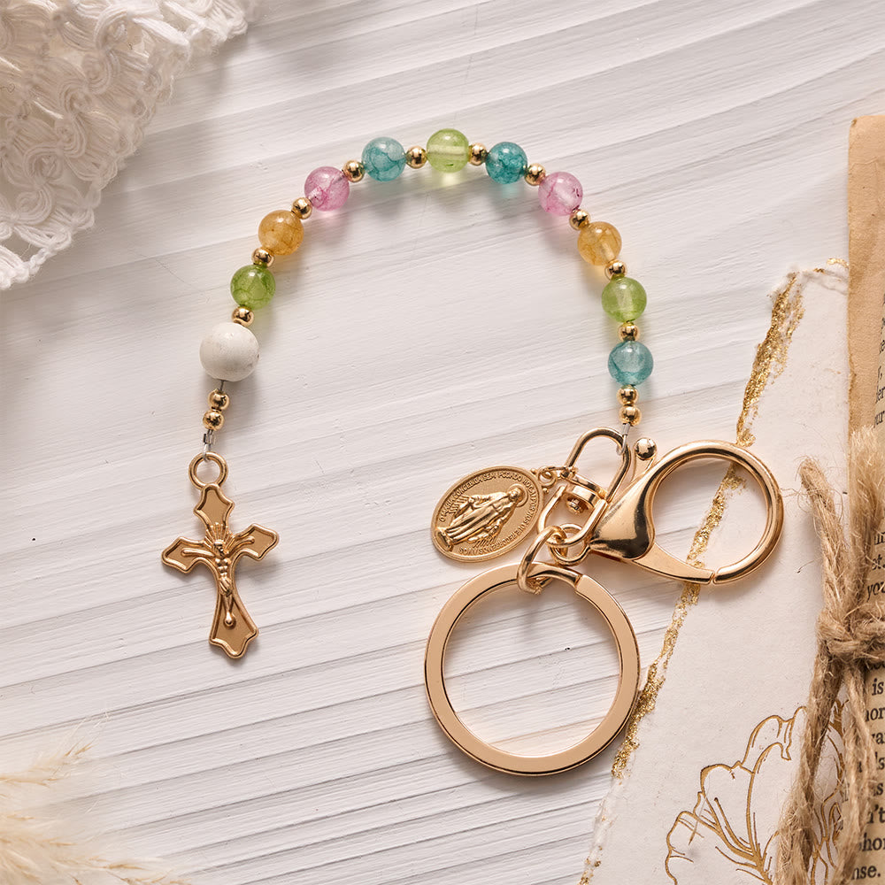SolaceBeads Multicolor Stone KeyChain, Miraculous Medal &amp; Crucifix Charm: Abundant Divine Grace - Multicolor - image 0