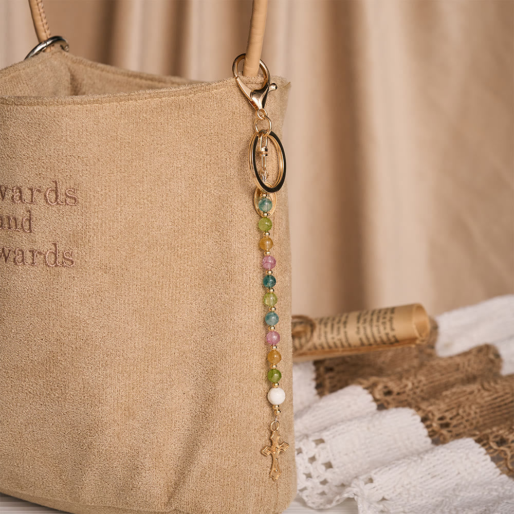 SolaceBeads Multicolor Stone KeyChain, Miraculous Medal &amp; Crucifix Charm: Abundant Divine Grace - image 1