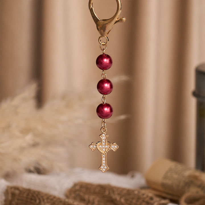 SolaceBeads Pearl Keychain, Gold Rhinestone Cross: Carry Gentle Divine Grace - image 10