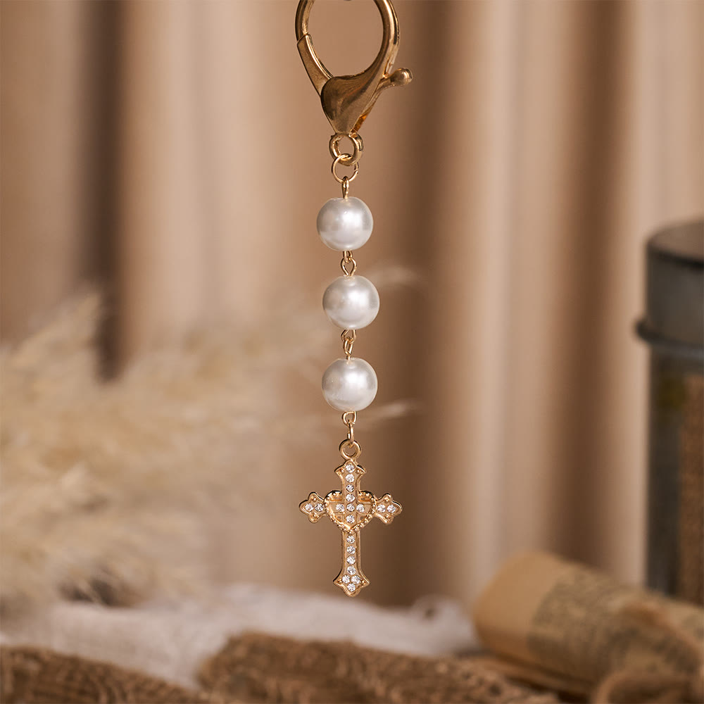 SolaceBeads Pearl Keychain, Gold Rhinestone Cross: Carry Gentle Divine Grace - image 9