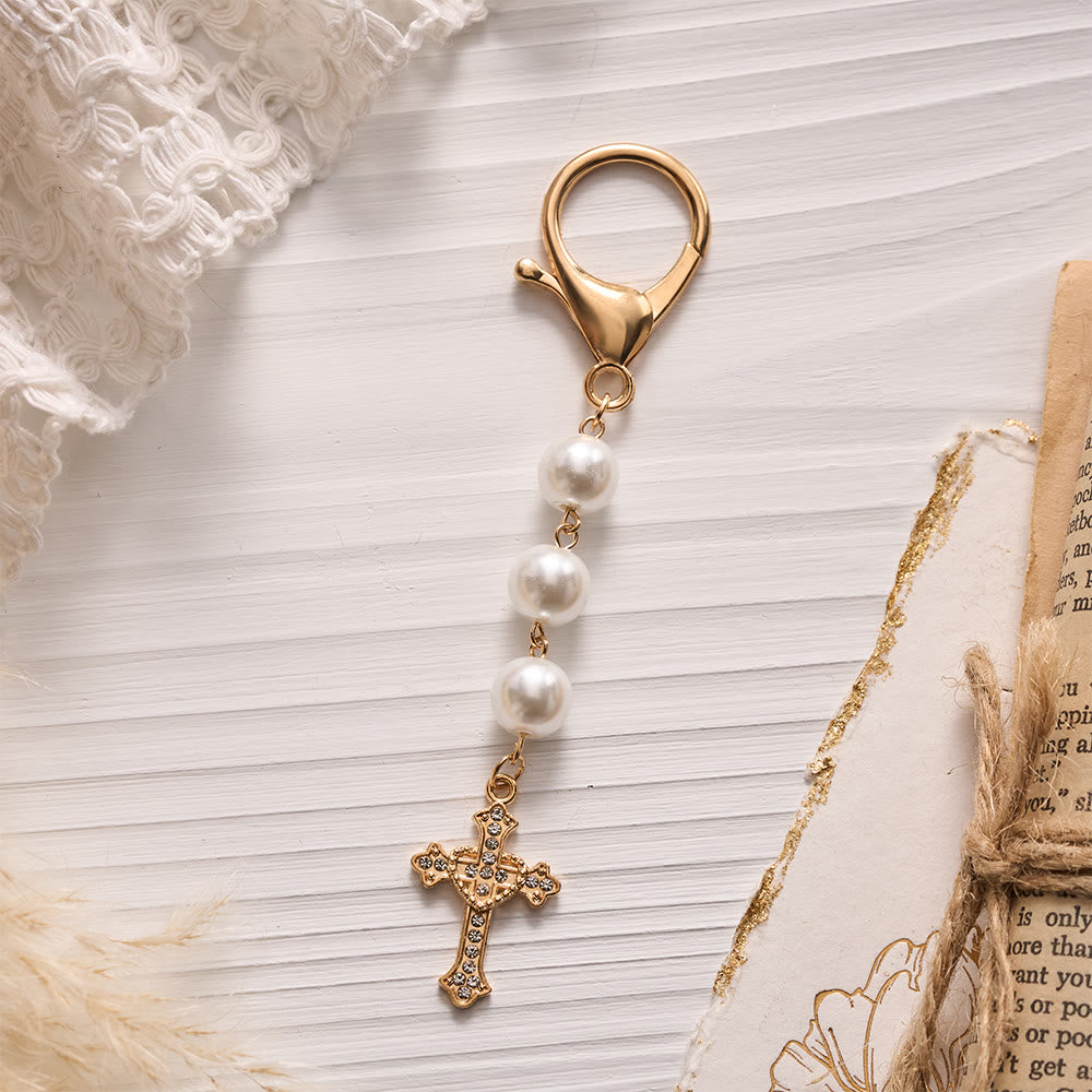 SolaceBeads Pearl Keychain, Gold Rhinestone Cross: Carry Gentle Divine Grace - White - image 2