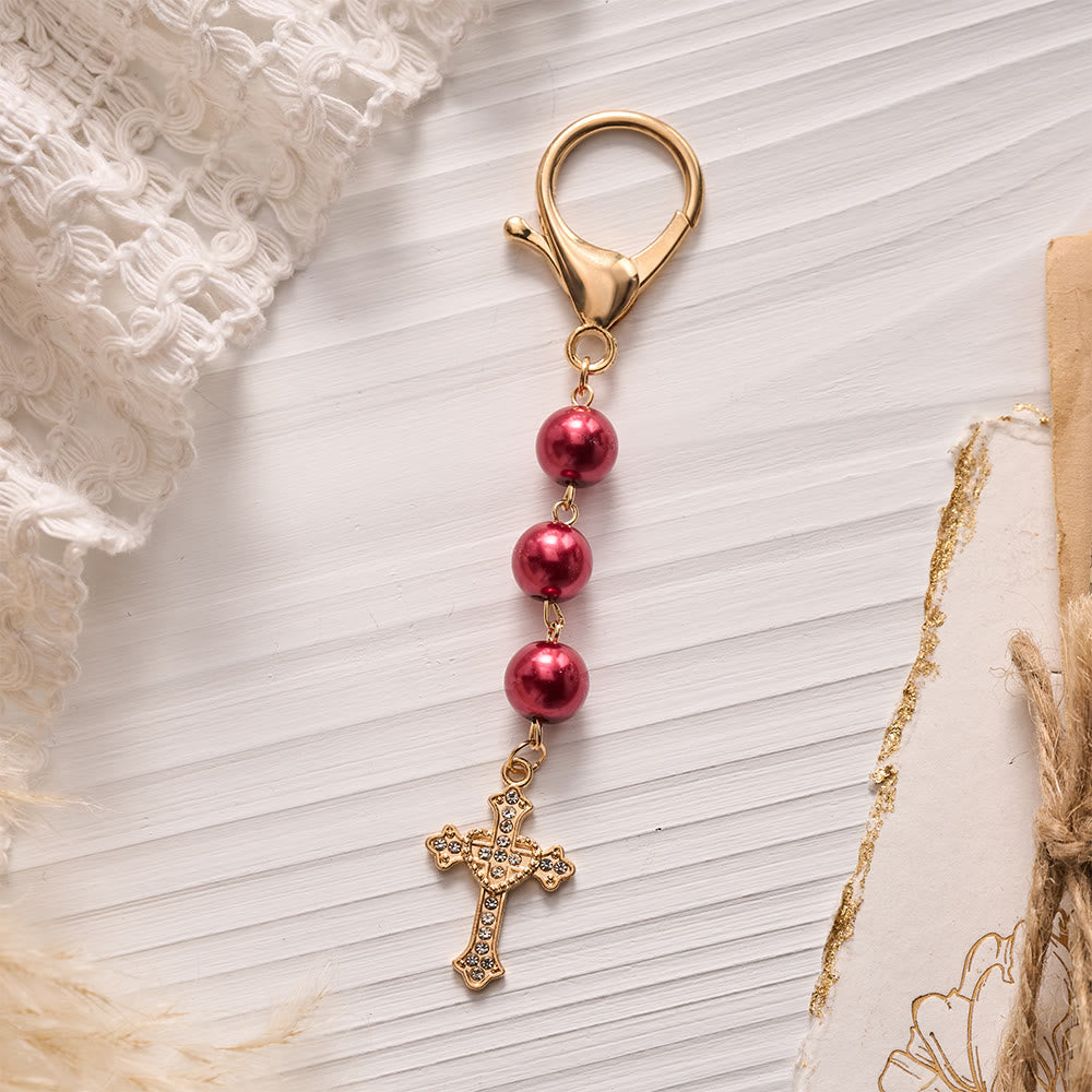 SolaceBeads Pearl Keychain, Gold Rhinestone Cross: Carry Gentle Divine Grace - Red - image 1
