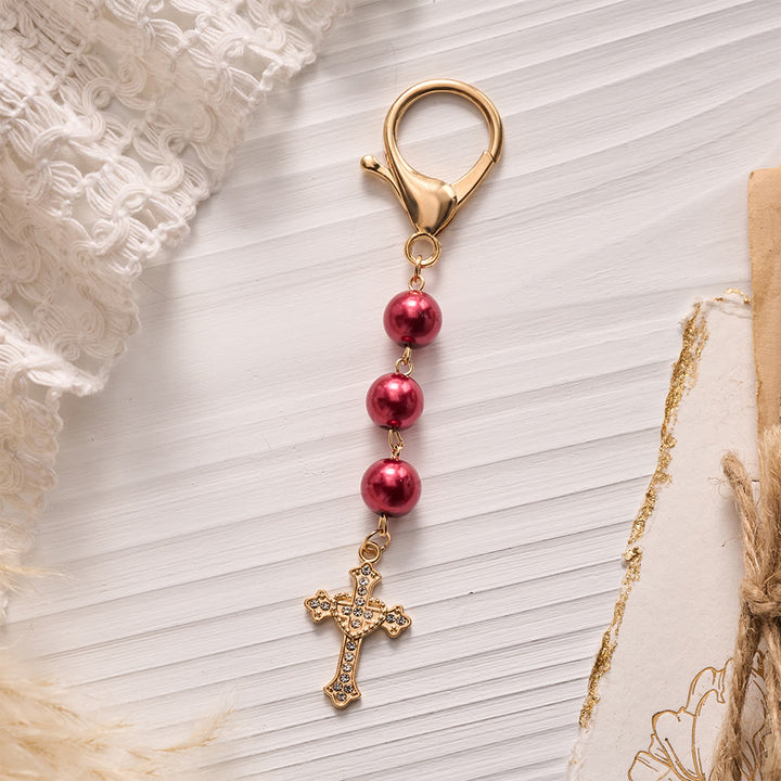 SolaceBeads Pearl Keychain, Gold Rhinestone Cross: Carry Gentle Divine Grace - Red - image 1