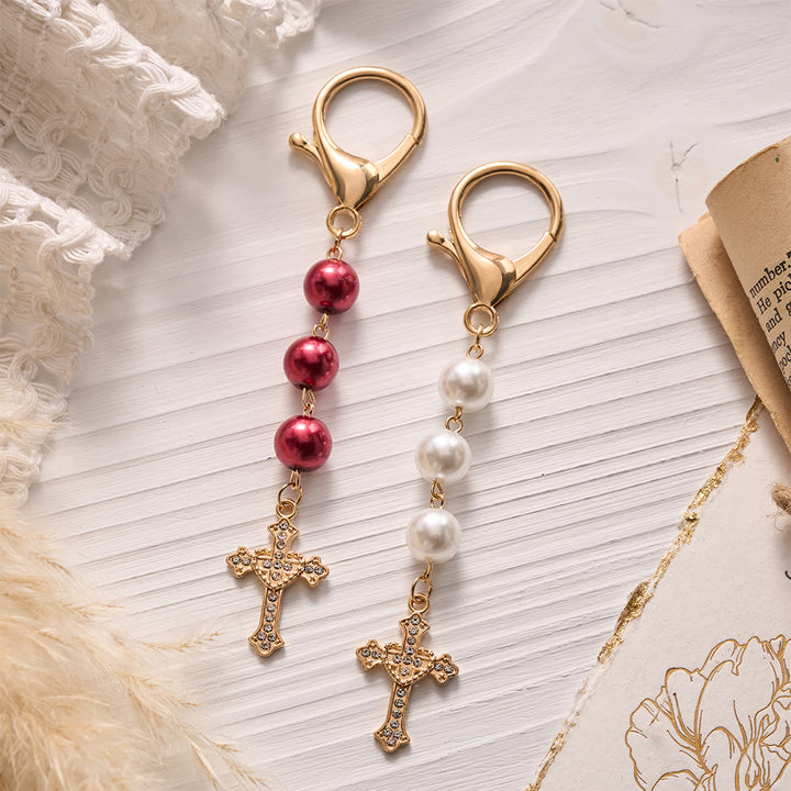 SolaceBeads Pearl Keychain, Gold Rhinestone Cross: Carry Gentle Divine Grace - Set of Two - image 0