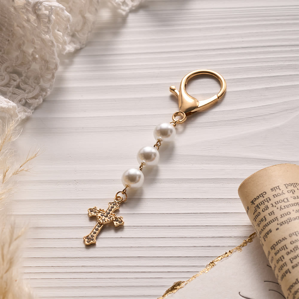 SolaceBeads Pearl Keychain, Gold Rhinestone Cross: Carry Gentle Divine Grace - image 4