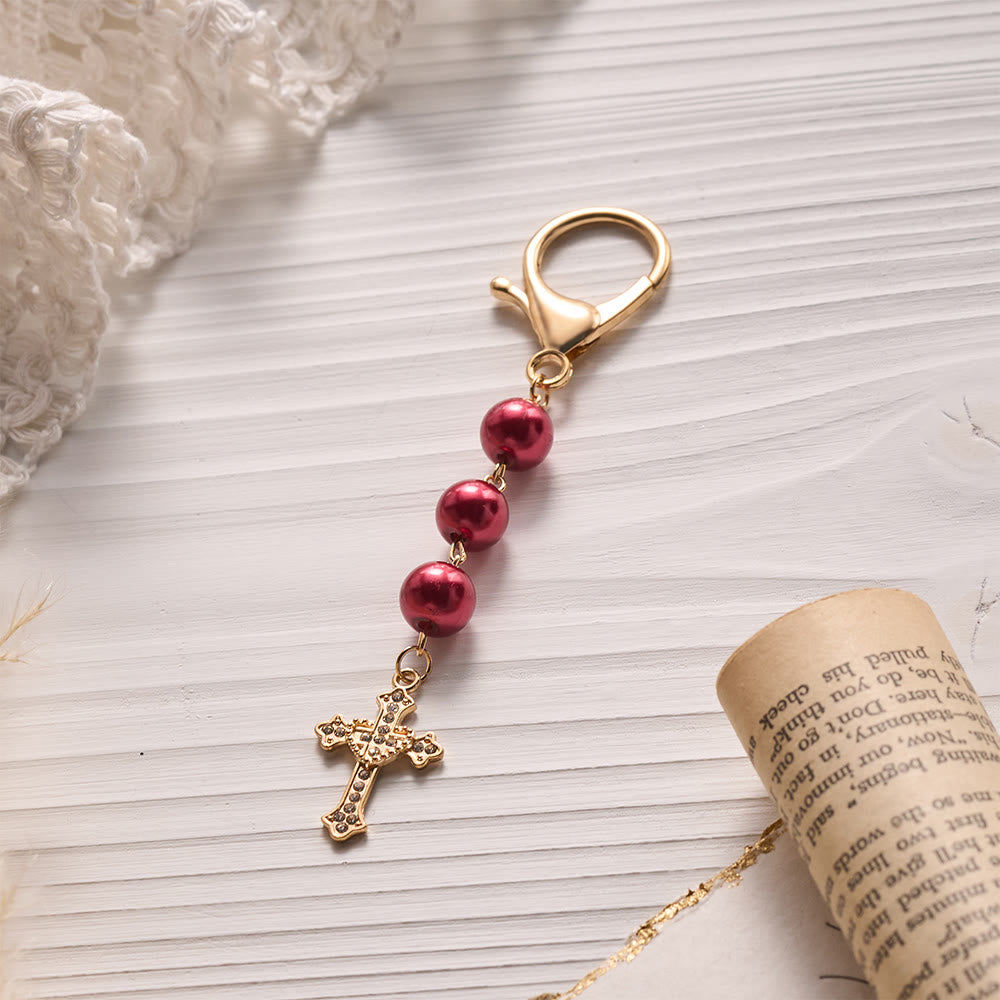 SolaceBeads Pearl Keychain, Gold Rhinestone Cross: Carry Gentle Divine Grace - image 3