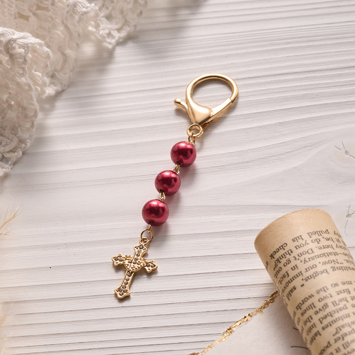 SolaceBeads Pearl Keychain, Gold Rhinestone Cross: Carry Gentle Divine Grace - image 3