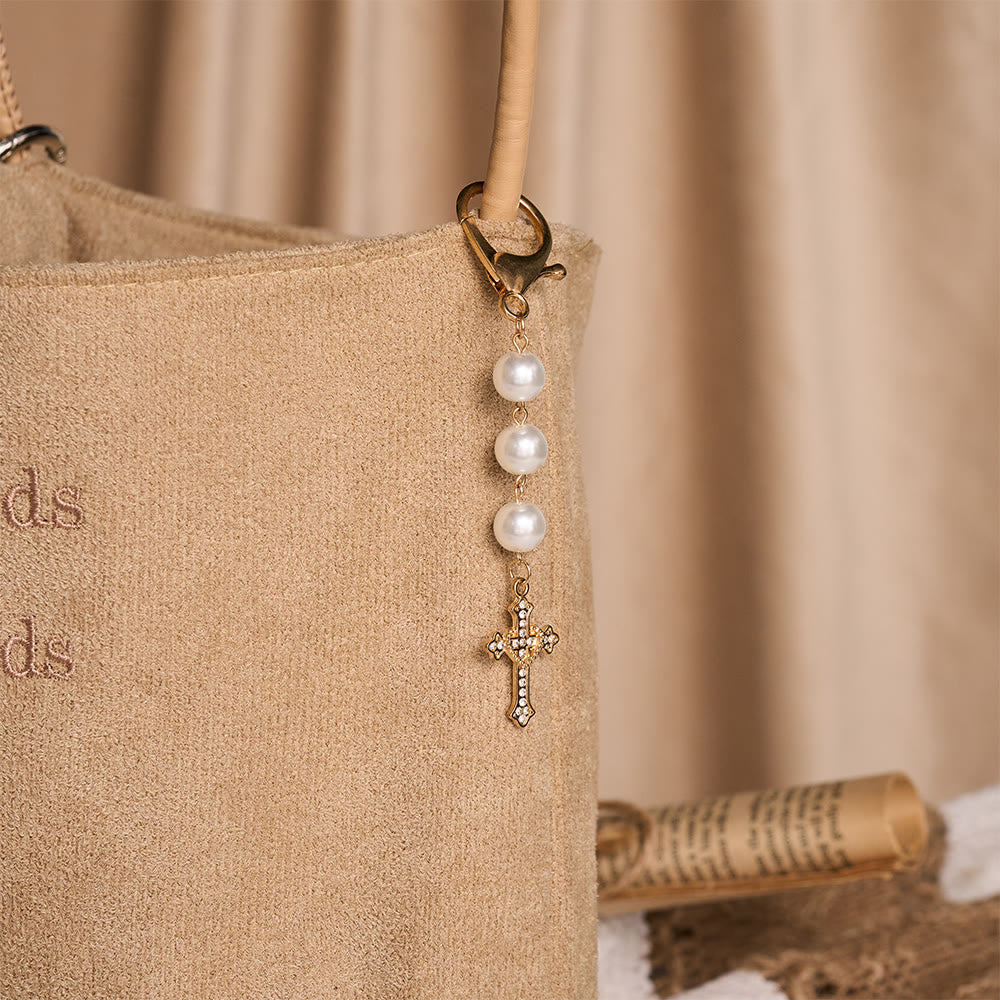 SolaceBeads Pearl Keychain, Gold Rhinestone Cross: Carry Gentle Divine Grace - image 6