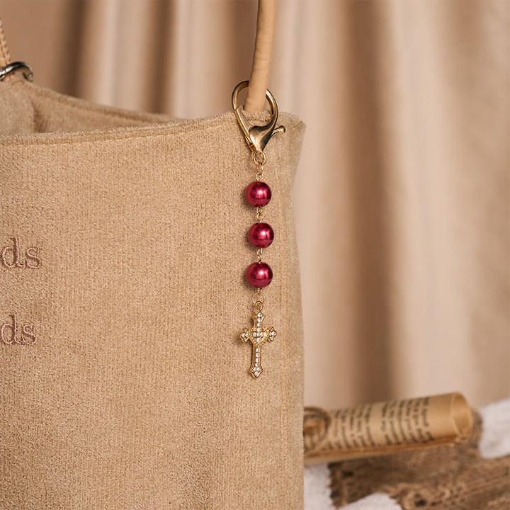 SolaceBeads Pearl Keychain, Gold Rhinestone Cross: Carry Gentle Divine Grace - image 5