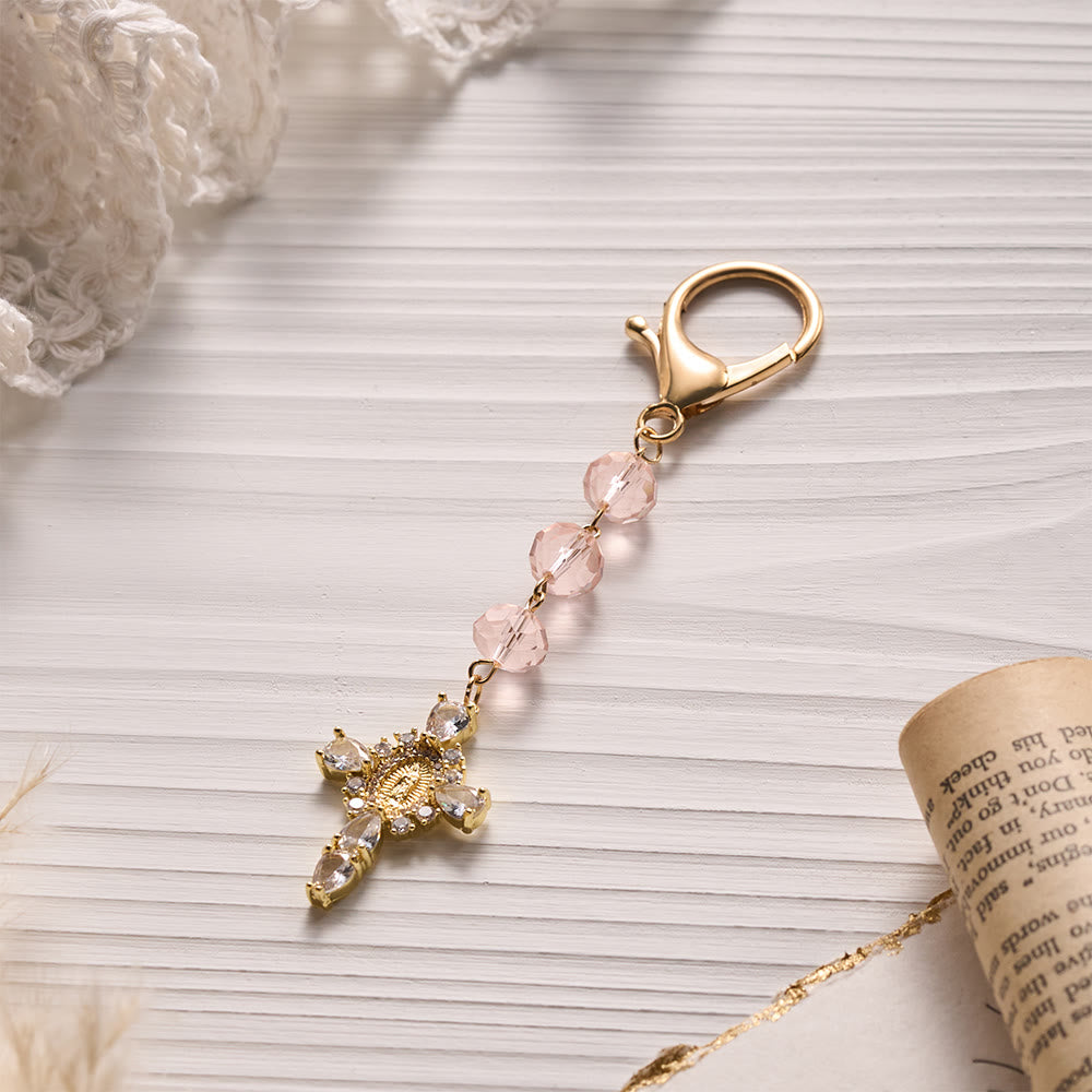 SolaceBeads Pink Crystal Keychain, Guadalupe Cross: Gentle Light of Faith - image 1