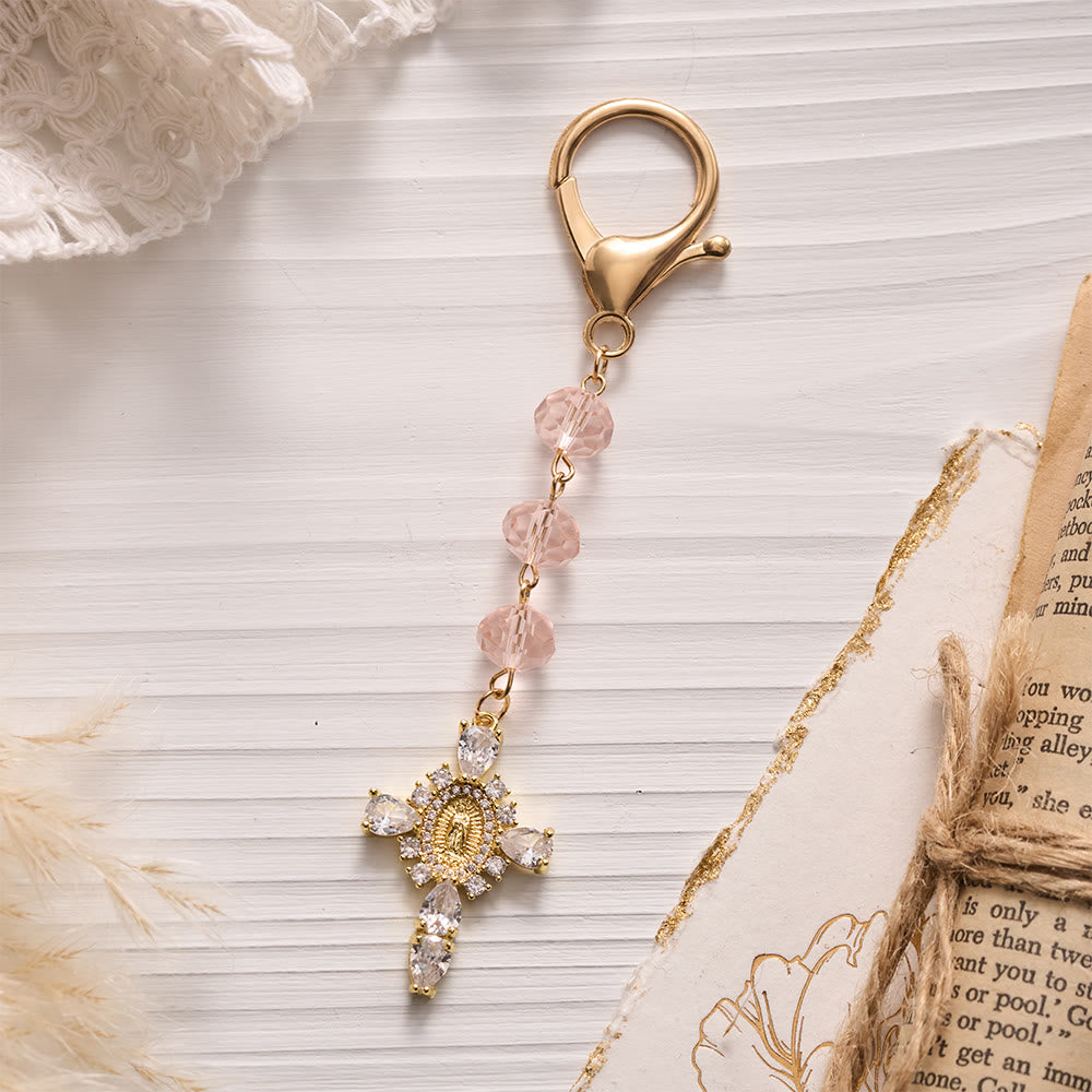 SolaceBeads Pink Crystal Keychain, Guadalupe Cross: Gentle Light of Faith - Pink - image 0