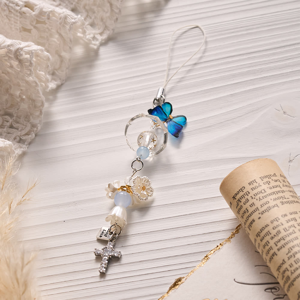 SolaceBeads Butterfly Floral Bag &amp; Phone Charm, Crystal Cross: Hopeful Blessed Light - image 1
