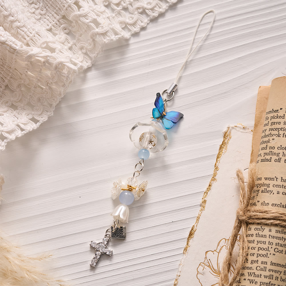 SolaceBeads Butterfly Floral Bag & Phone Charm, Crystal Cross: Hopeful Blessed Light - Blue - image 0