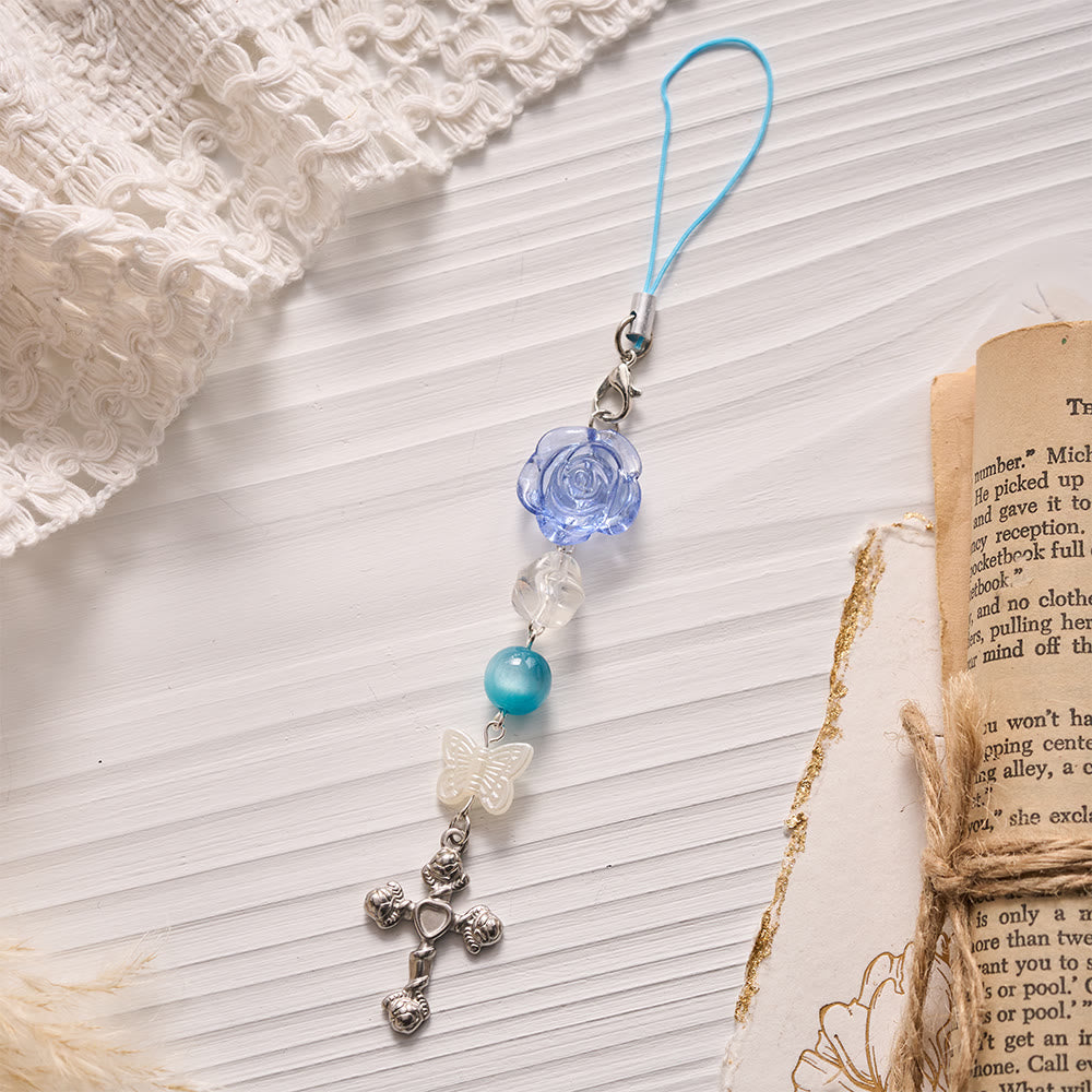 SolaceBeads Blue Rose Phone Charm, Butterfly & Rose Cross: Divine Grace Blessing - Blue - image 0