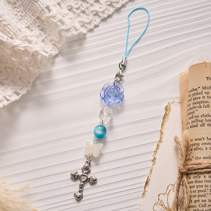 SolaceBeads Blue Rose Phone Charm, Butterfly &amp; Rose Cross: Divine Grace Blessing - Blue - image 0