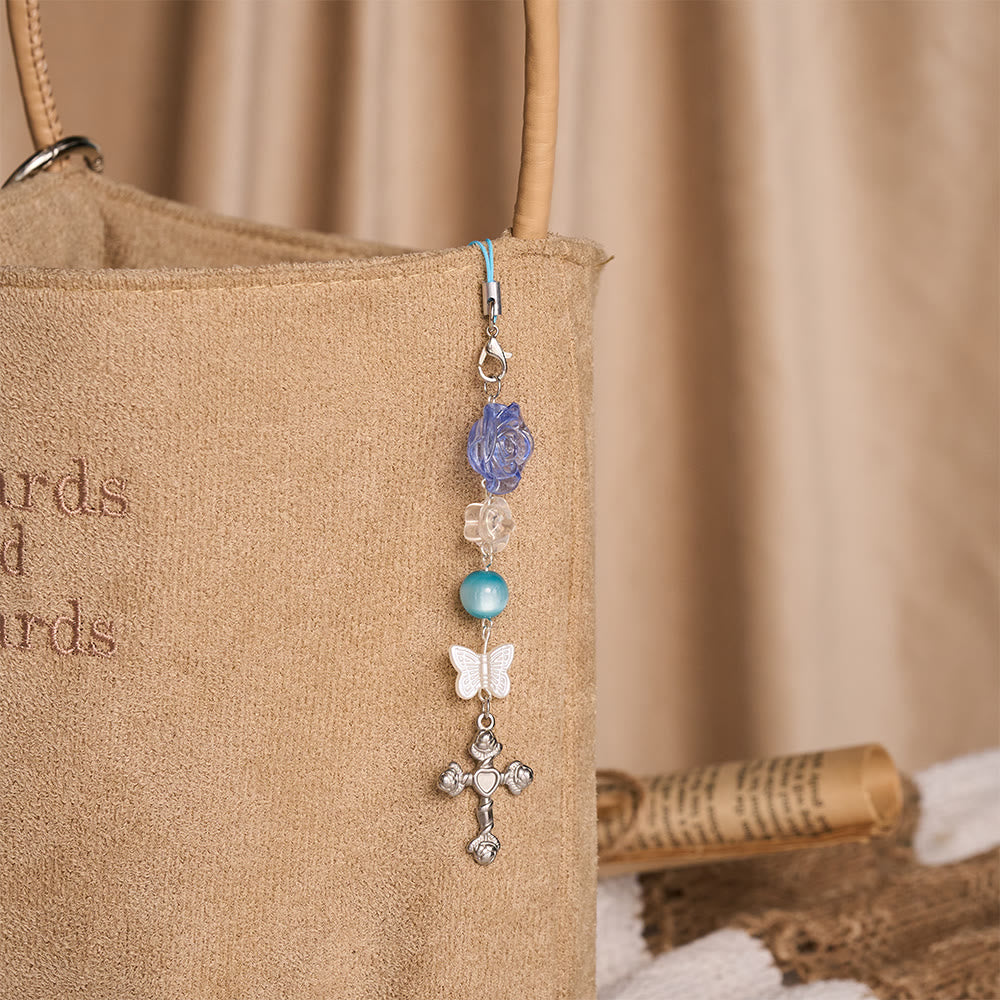 SolaceBeads Blue Rose Phone Charm, Butterfly &amp; Rose Cross: Divine Grace Blessing - image 5