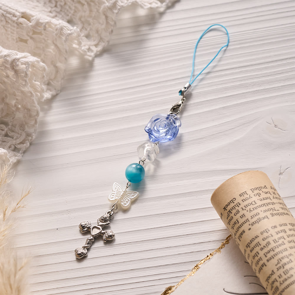 SolaceBeads Blue Rose Phone Charm, Butterfly &amp; Rose Cross: Divine Grace Blessing - image 1